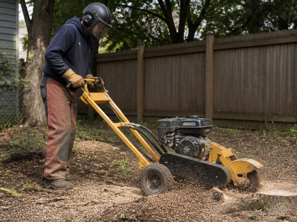 Stump grinding operator in safety gear working on tree roots in Hall County, GA