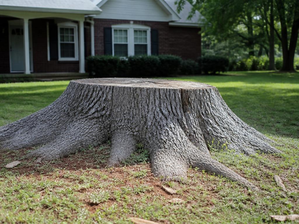 Large old oak stump with heavy surface roots in a Gainesville, GA front yard